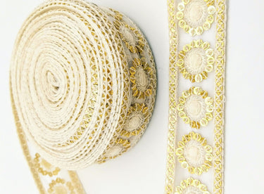 Nine Yards White Net Lace Trim Floral Embroidered With Gold Sequins, Sequinned Trim, Wedding Trim Bridal Trim